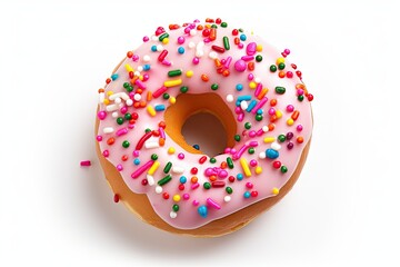 Wall Mural - Isolated top view of a strawberry donut with colorful sprinkles on a white background