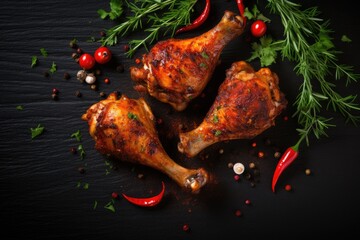 Wall Mural - Spicy chicken legs grilled on a black surface viewed from above