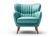 Teal blue chair with copper feet Isolated on white Modern wingback armchair with armrests