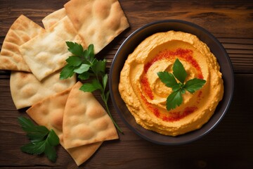 Wall Mural - Top view of pita bread with roasted red pepper hummus on a wooden surface