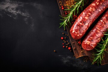 Canvas Print - Top view of sliced traditional smoked salami sausage with spices garnished with rosemary and available space for text