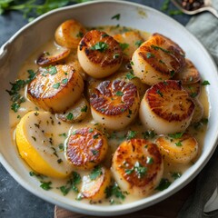 Wall Mural - aerial view of scallops casserole in a white bowl with cream sauce