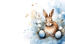 Easter Bunny With Easter Eggs, Blue And Brown Colors, Watercolor Card