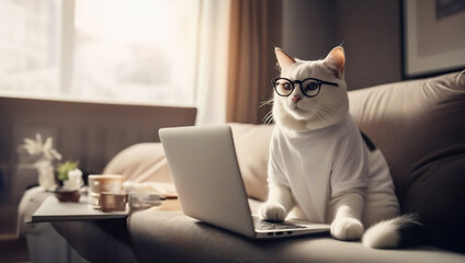 cat programmer freelancer works online on a laptop at home on the couch.