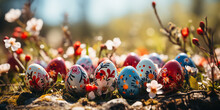 Bunte Ostereier In Einem Nest Auf Einem Hintergrund Von Frühlingsblumen. Colorful Easter Eggs In A Nest On A Background Of Spring Flowers.