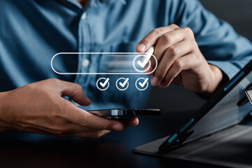 Leinwandbilder - Quality Certificate and Checklist and analyst target marketing planning assignment with quality management. Standardization, certification. Compliance to regulations service and standards.