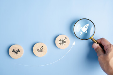 Poster - Business growth success achievement concept, hand arranging stack as step stair or ladder for planning development leadership and customer target group concept.