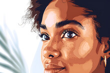 Flat Vector Illustration, White Background Eye And Portrait Of Black Woman For Vision Banner And Health With Mockup Space Macro Eyes Closeup And Face Of Female Person For Biometric Or Retina Scan Cont