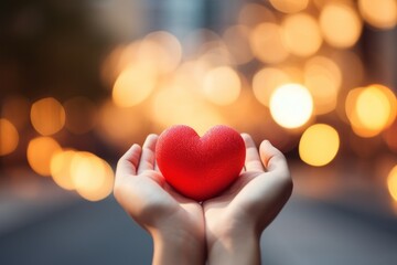 Sticker - Heart in hands. Background with selective focus and copy space