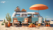 Ready for summer travel. Blue van with deck chair and beach accessory 3D Rendering, 3D Illustration Generative AI