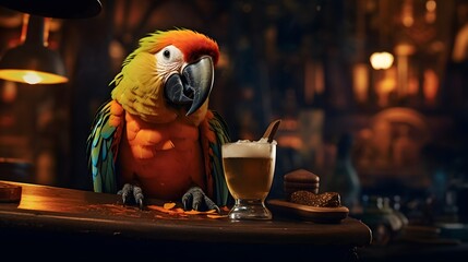 Parrot drinking a cocktail in a bar, tropical cocktail, tropical event, paradise island, tropical themed party, parakeet with a cocktail glass, pirate themed bar, pirate party