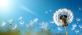 Fototapeta Dmuchawce - Dandelion Seeds Drifting Away in the Blue Sky. Made with Generative AI Technology