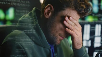 Overworked man rubbing eyes working data hologram closeup. Coder feeling tired