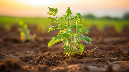 A young chickpea plant emerges in a farmland, nourished by the gentle dusk light