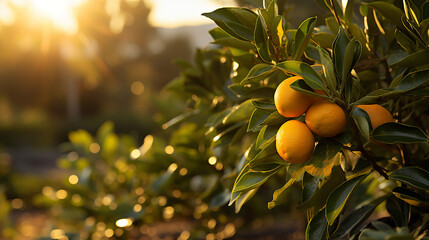 Wall Mural - A tender kumquat sapling grows in a citrus grove field with sunlight
