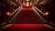 A breathtaking view of a red carpet guiding the way to a regal VIP staircase, illuminated by soft ambient lights.