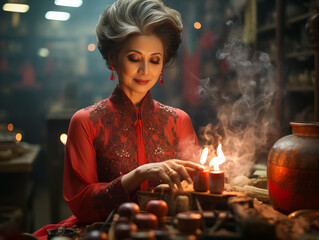 Elegance Asian lady wearing red cheongsam dress in Chinese temple lighting candles and incense sticks to celebrating Chinese lunar new year