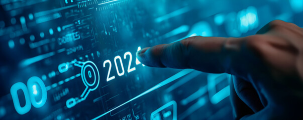 2024 automation technology and business transformation, adaptation, changing concept. Transform business model and automation strategy for thriving business. Finger about to press a button