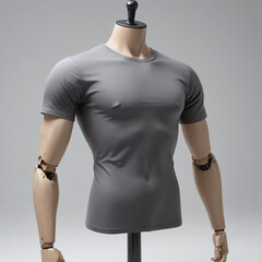 Blank black clean t-shirt in manekin and stand mecha robotic manekin mockup, isolated, front and back view, Empty gray undervest model mock up.