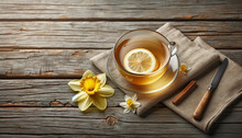 An Image Of A Lemon Tea In A Transparent Cup, With A Slice Of Lemon In It, A Daffodil Flower Beside It On An Old, Textured Wooden Background - Generative AI