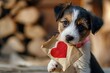 A bashful puppy with a Valentine's Day note in its mouth, waiting to deliver a message of love and affection to its beloved owner.