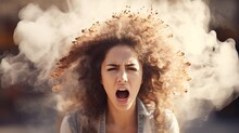 Portrait Of An Angry Woman Screaming And Smoke Come From His Head And Ears