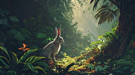 A beautiful rabbit nestled among lush green plants, symbolizing harmony with nature. The image captures the gentle essence of wildlife. Generative AI