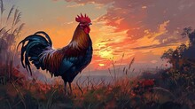 A Beautiful Rooster Crowing At Dawn, Symbolizing The Start Of A New Day. The Image Captures The Essence Of Rural Life And Natural Beauty. Generative A