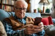 A perplexed elderly man sitting on his living room sofa, staring at his smartphone with a furrowed brow, symbolizing the challenges older adults face with modern technology.