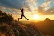 A successful woman on the mountain top, her jump capturing the essence of freedom and success, as the first rays of the sun illuminate her path to greatness.