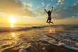 An exultant woman greets the new day with a jump on the beach, the sunrise illuminating her path to continued success, fulfillment, and the joy of achieving her objectives.