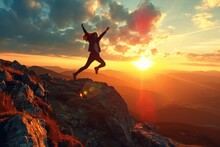 An Empowered Woman Rejoices At The Break Of Dawn On A Mountain Crest, Her Leap A Dance Of Joy And Accomplishment Against The Backdrop Of A Glorious Sunrise.