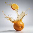 fresh orange with liquid splash orange juice in the air isolated on bright white grey background,orange Juice photo retouching