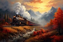 Steam Locomotive In The Autumn Forest. 3D Illustration. Vintage Style, AI Generated
