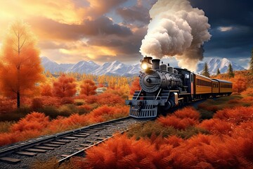 Sticker - Vintage steam locomotive in the mountains at sunset, digital painting, AI Generated