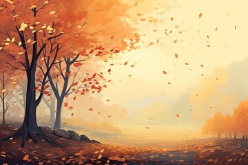 Sticker - Autumn landscape with falling leaves. Vector illustration. EPS 10, AI Generated