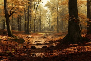 Poster - Fantasy autumn forest with fog and sun rays. 3d rendering, AI Generated