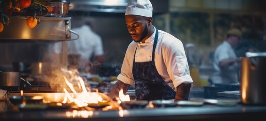 Wall Mural - Professional chef cooking with flames in commercial kitchen. Culinary arts and fine dining.