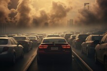 Car On The Road With Smoke And Smog In Shanghai China, Car Stuck In Traffic With Visible Exhaust Fumes, Air Pollution, AI Generated