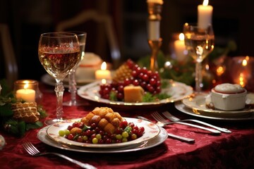 Festive table setting for Christmas or New Year dinner in the restaurant, Christmas meal, served on the table with decoration christmas, AI Generated