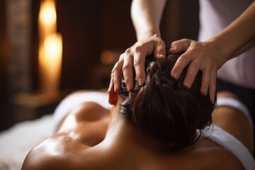 Sticker - Young woman getting a back massage in a spa salon. Beauty treatment concept, Close up of a woman receiving back massage at spa, AI Generated