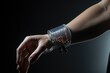 Close-up of human hand with blood pressure monitor on dark background, Close-up of a woman attaching a continuous glucose monitor to her arm, AI Generated