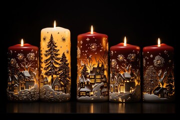 Sticker - christmas candles with snowflakes and christmas trees on black background, christmas candles, AI Generated