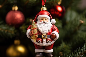 Wall Mural - Santa claus figurine on christmas tree with red baubles, christmas tree decorations, santa claus with gifts, AI Generated