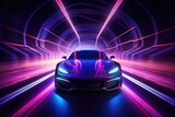 Fototapeta Perspektywa 3d - Modern car on the road with motion blur background. 3d rendering, Car in a tunnel with neon lighting, front view, AI Generated