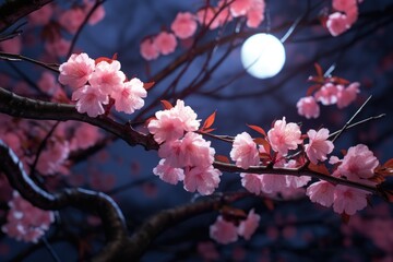 Poster - cherry blossom in the night with full moon and blue sky, Close-up of a cherry blossom tree under the soft light of a full moon, AI Generated