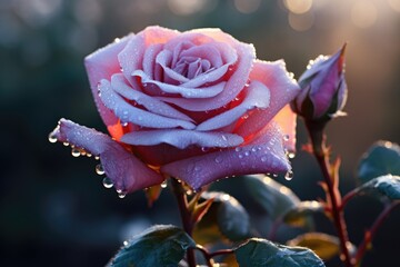 Poster - Beautiful pink rose with dew drops on the petals, Close-up of Dew-kissed rose blooming at dawn, AI Generated