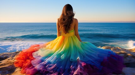 Woman in rainbow dress on sunny beach, fashion and summer theme