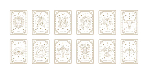 zodiac astrology horoscope cards linear design vector illustrations set. engraving design of zodiac 