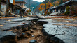 Road cracked after earthquake and tsunami ,destroyed town on the Pacific, Tsunami with a big wave crashing on coast houses.